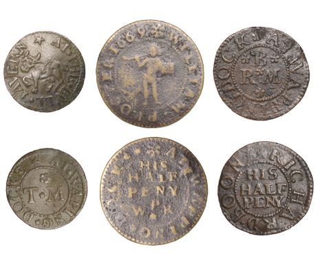 Wapping Dock, Richard Boone, Halfpenny, 1.27g/6h (N 8545, this piece; BW. 3278); T.M. at the bvll tavern, Farthing, 0.84g/6h 