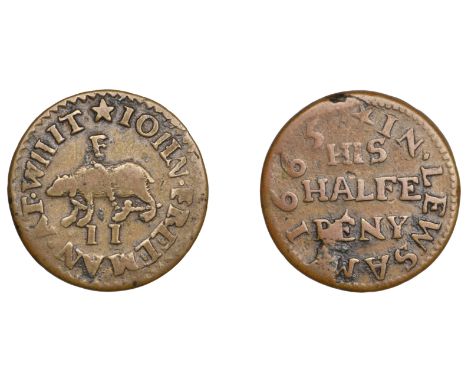 KENT, Lewisham, John Freeman, Halfpenny, 1665, with rev. die flaw, 2.53g/9h (N 2625 rev., different obv.; BW. 374). About fin
