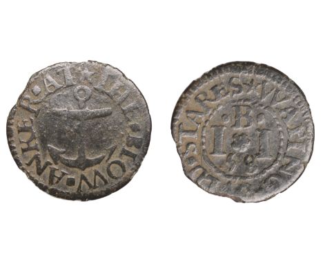Wapping Old Stairs, I.I.B. the blow anker, Farthing, [16]58, 0.79g/6h (N 8558; BW. 3275). Fair to fine, very rare; the only i