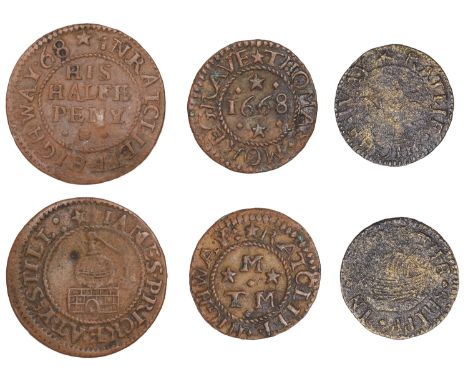 Ratcliff Highway, Thomas Moregrave, Farthing, 1668, 0.74g/3h (N –; BW. 2357); James Pricke, Halfpenny, [16]68, 1.52g/9h (N –;