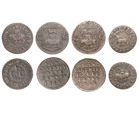 Coventry, City Halfpence (4), undated, 1.91g/6h (N 5301; BW. 54), 1669 (3), 2.44g/12h (N 5303, this piece; BW. 56), 3.84g/12h