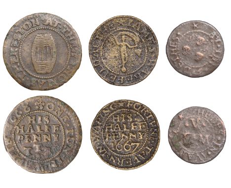 Wapping, Thomas Thekeston, Halfpenny, 1668, 1.19g/3h (N –; D 3346A); E.M.V. at the 3 dethes hedes, Farthing, 0.66g/6h (N 8542