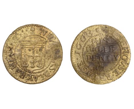 Limehouse Bridge, Nicholas Blay, Halfpenny, 1668, 0.63g/9h (N 8285, this piece listed; BW. Middlesex 136). About fine, ‘river