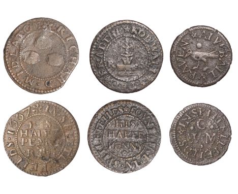 Spitalfields, W.M.C. at ye ball & raven, Farthing, 0.90g/9h (N –; BW. 2930); Richard Midlaton, Halfpenny, 1667, 1.75g/9h (N 8