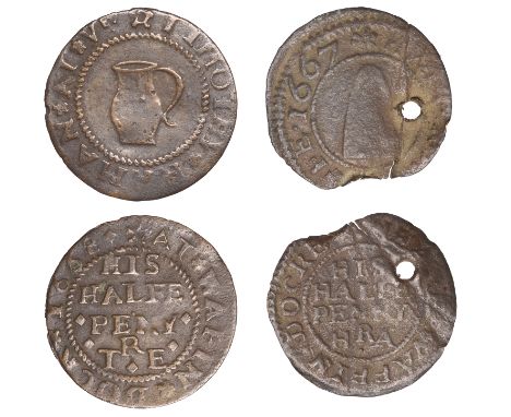 Wapping Dock, Timothy Raman, Halfpenny, 1668, 1.05g/3h (N 8546; D 3333A); Hugh Rowcliffe, Halfpenny, 1667, 0.71g/6h (N 8547; 