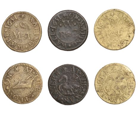 Wapping Wall, M.A.S. at the plow, Farthing, 1651, 1.10g/6h (N 8565; BW. 3339); R.E.W. at the swan tavern, Farthings, 1651 (2,