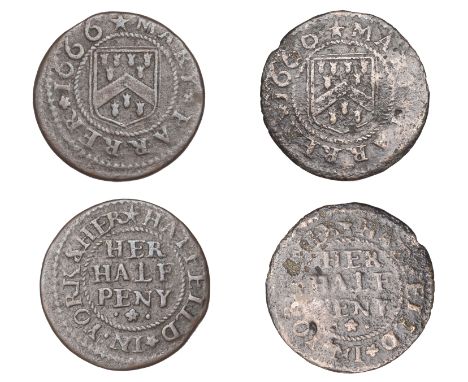 Hatfield, Mary Farrer, Halfpence, 1666 (2), 2.40g/9h, 1.32g/12h (both N 5873; BW. 118) [2]. First good fine but struck off-ce