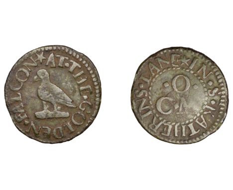 St Katharine’s Lane [beneath St Katharine’s Docks], C.M.O. at the golden falcon, Farthing, 1.11g/6h (N –; D –). About fine, e