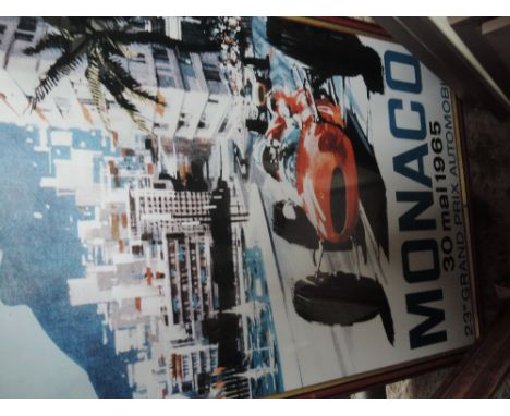 A vintage framed Monaco poster and several Formula One related prints including Senna