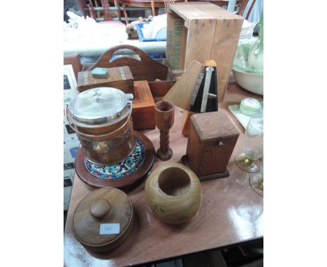 A selection of treen including butlers tray, metronome etc