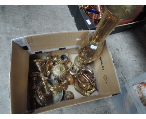 A box of brass ware including ornate scales and vase  