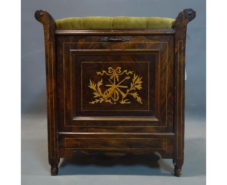 A Victorian rosewood piano stool with marquetry inlay, H.56 W.52 D.36cm 