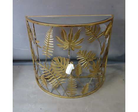 A contemporary gilt metal demi-lune console table, with leaf design and having bevelled mirrored top, H.77 W.86 D.35cm 