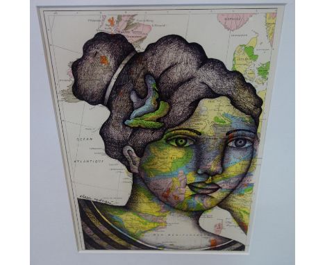 A contemporary ink portrait of a girl over a printed map of Europe, 30 x 23cm 