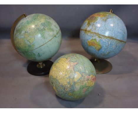 Three vintage globes, two on circular stands, one missing stand 