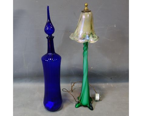 A 20th century glass lamp together with a blue glass apothecary bottle and stopper 