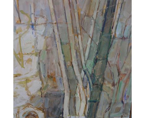 Frederick Brill (British, 1920-1984), View of a gate with tall trees to background, oil on canvas, framed, 121 x 81cm 