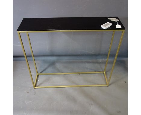 A contemporary rectangular gilt console table with black painted wooden top, H.71 W.80 D.20cm 