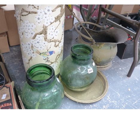 A POTTERY STICK STAND, A BRASS COAL SCUTTLE, TWO GLASS JARS ETC.