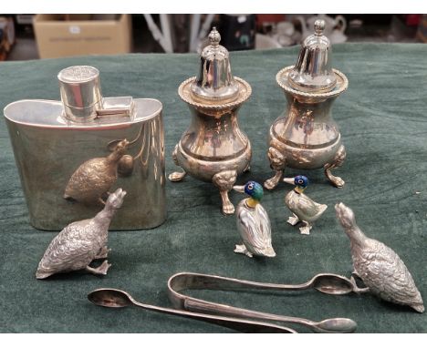 A CONTINENTAL SILVER POCKET FLASK, PLATED SALT AND PEPPER, MINIATURE DUCK FIGURES ETC. (QTY)