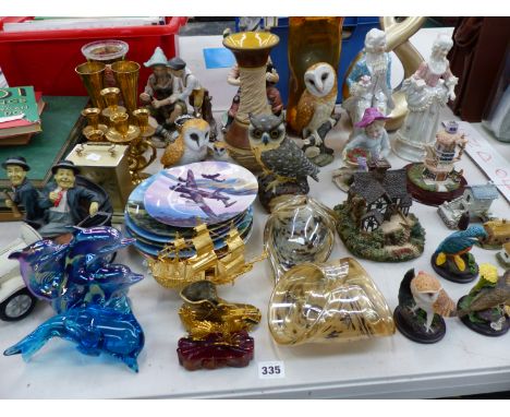 A COLLECTION OF OWL AND OTHER ORNAMENTS, ROYAL WORCESTER COLLECTORS PLATES, RAILWAY BOOKS ETC.