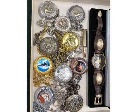 TEN VARIOUS POCKET WATCHES, A RIFLE CARTRIDGE LIGHTER, AND A UNITED STATES OF AMERICA WRIST WATCH. 