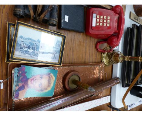 A VINTAGE COPPER AUTOMOBILE COPPER HOTWATER WARMER, A RED TELPHONE, BINOCULARS, POSTCARDS ETC.