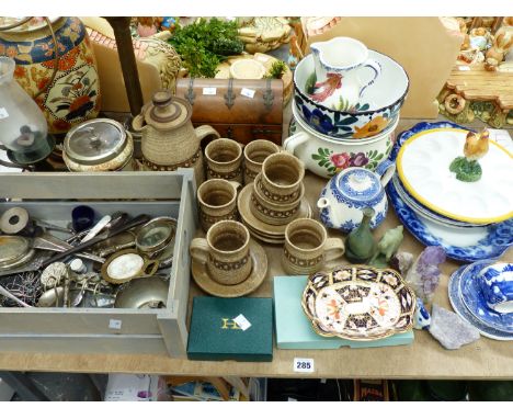 AVICTIAN DOME TOP SMALL CASKET, AN OIL LAMP, A JAPANESE STYLE LAMP, POTTERY COFFE SERVICE AND OTHER CHINA ETC.(QTY)