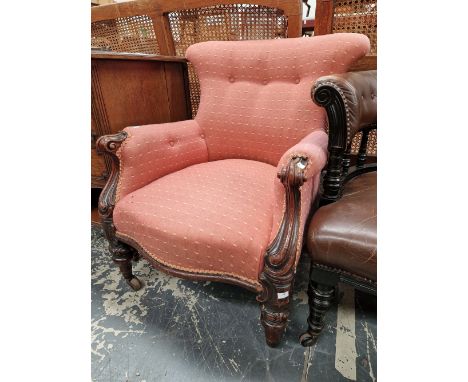 A WILLIAM. IV MAHOGANY SHOW FRAME BUTTON BACK ARMCHAIR. 
