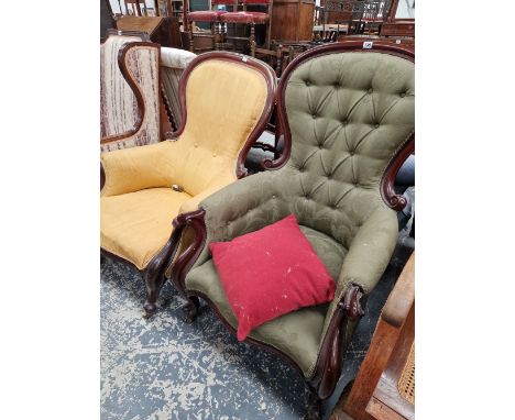 TWO SIMILAR VICTORIAN BUTTON BACK SHOW FRAME ARMCHAIRS. 