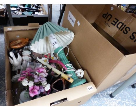 A QUANTITY OF VARIOUS VINTAGE ORNAMENTS, A LAMP, VASES ETC .