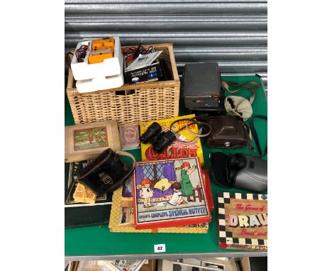 VINTAGE GAMES, BINOCULARS, A CAMERA, VOLT METERS ETC. 