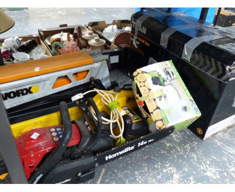 A TITN SCROLL SAW, A MCCULLOCH ELECTRIC CHAINSAW, ANOTHER CHINSAW, A WORX CUTTING CLAMP AND A FOLDING LADDER.