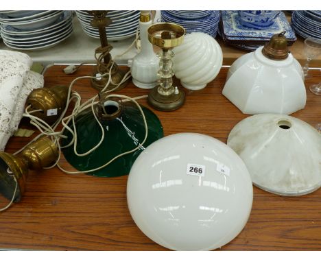 VARIOUS HANGING GLASS LIGHT SHADES AND THREE TABLE LAMPS.