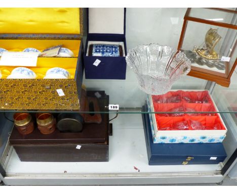 AN ORIENTAL SILVER AND GOLD PLATED MODEL SHIP IN GLASS CASE, A SET OF CASED TEA BOWLS, BOHEMIA WINE GLASSES, PRESENTATION PLA