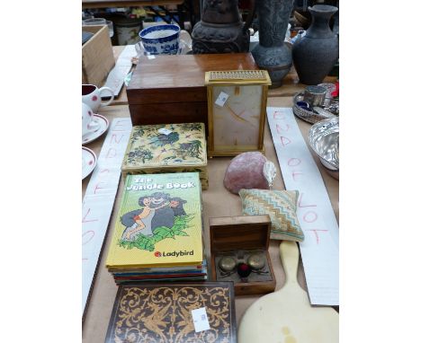 A VICTORIAN WRITING BOX, A LOOPING MANTLE CLOCK, AN INKWELL, LADYBIRD BOOKS ETC.