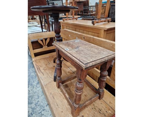 AN OAK JOINT STOOL, A MAHOGANY TRIPOD TABLE AND A RUSH SEATED LADDER BACK CHAIR.