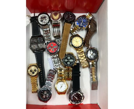 A VARIETY OF DRESS WATCHES TO INCLUDE CHRONOGRAPH EXAMPLES, AND LCD WATCHES. 