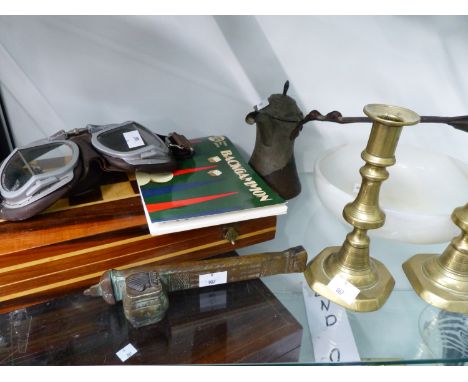 A VINTAGE BACKGAMMON GAME, A PAIR OF VINTAGE FLYING GOOGLES, A MARBLE BOWL, BRASS CANDLESTICKS, A TURKISH COFFEE POT, AND AN 