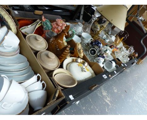 A SELECTION OF VINTAGE TEAWARES, ORNAMENTAL CHINA, PLATED WARES, A LAMP ETC.