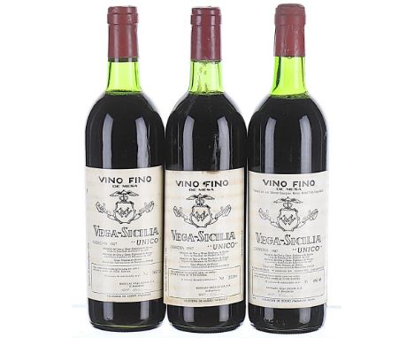 1967 Vega Sicilia, Unico, Ribera del Duero DO 3x75clLevels 1 VTS, 2 TS, labels soiled, 1 label slightly peeling off, stained 
