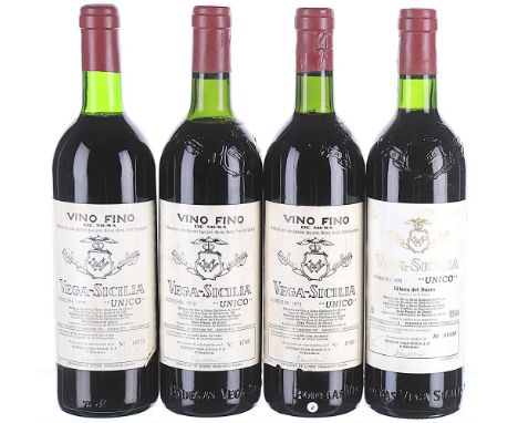 1973 Vega Sicilia, Unico, Ribera del Duero DO 4x75clLevels 2 IN, 2 BN, 1 TS, labels soiled, 3 torn, 1 showing signs of old se