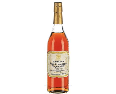 1932 Harveys, Vintage, Petite Champagne Cognac Landed and bottled in 1977 1x70cl  24floz, 70 degrees Proof.  Label soiled and
