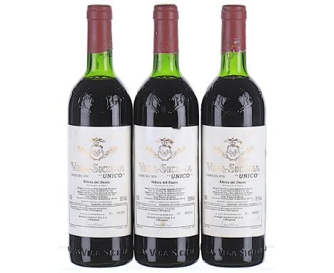 1974 Vega Sicilia, Unico, Ribera del Duero DO 3x75clLevels 3 TS, labels lightly soiled, 1 torn, 3 with signs of very slight o
