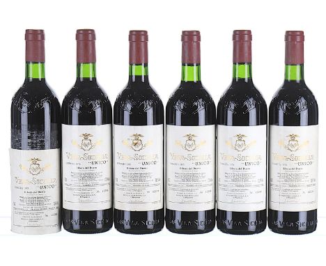 1975 Vega Sicilia, Unico, Ribera del Duero DO 6x75cl  Levels 3 IN,3 BN, labels soiled, 1 detached, 1 scuffed, 1 torn.These wi