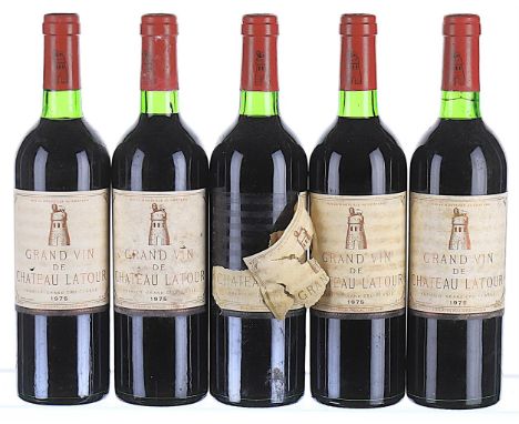 1975 Chateau Latour Premier Cru Classe, Pauillac  5x75cl  Levels 4 BN, 1 VTS, labels soiled, 1 torn and peeling off. This lot
