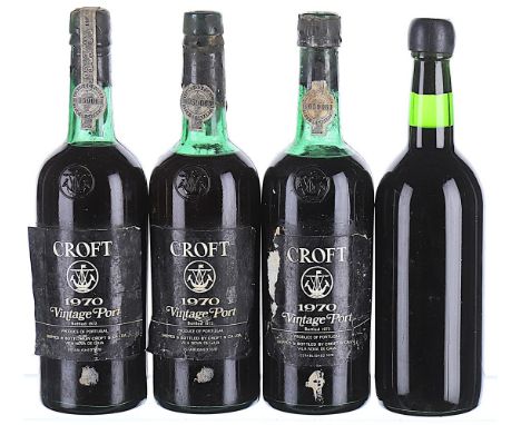 1970 Croft, Vintage Port  Levels 1 VTS, 2 HS, labels scuffed, 1 torn, 1 peeling from bottle, 2 capsules missing, corks expose