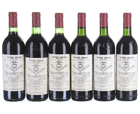 1965 Vega Sicilia, Unico, Ribera del Duero DO 6x75clLevels 2 IN, 1 BN, 3 VTS, labels soiled, 2 torn, 1 scuffed, 2 different t