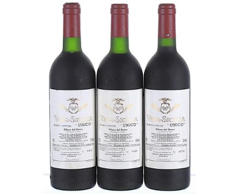 Vega Sicilia, Unico Reserva Especial, Ribera del Duero DO 3x75cl1991 release, vintages 1968, 1970 and 1972.  Levels 1 IN, 1 V