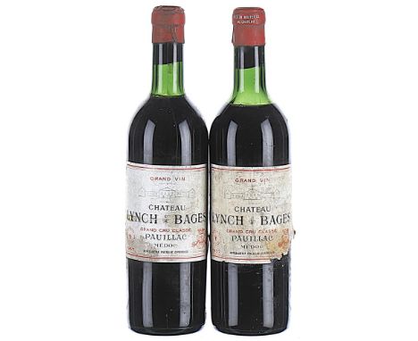 1957 Chateau Lynch Bages 5eme Cru Classe, Pauillac 2x75cl  Levels 1 BN, 1 HS, labels soiled, 1 torn. This lot forms part of a